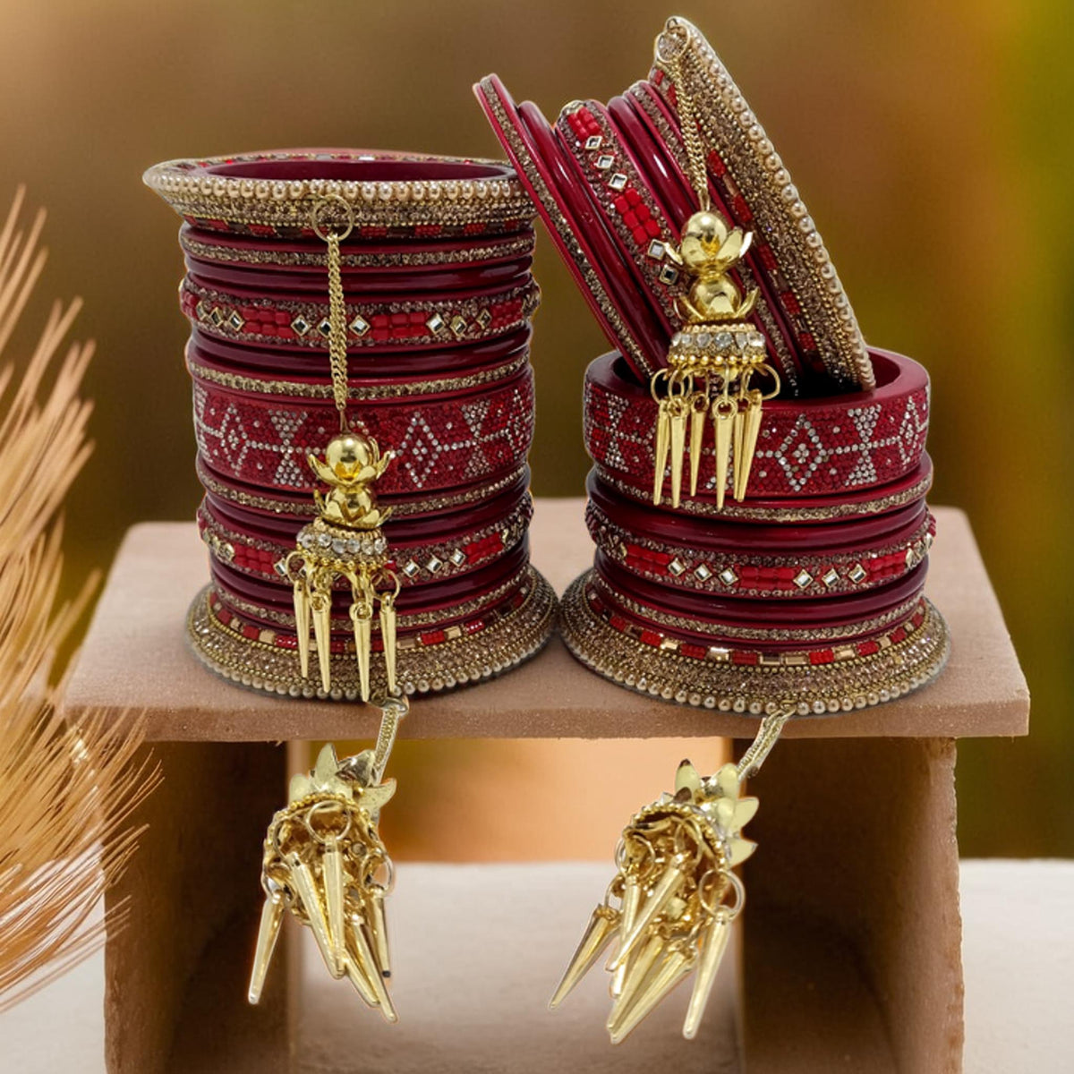 Elegant Bridal Lac Bangles with Gold Dangling Kalire | Set of 26 | For Girls and Women