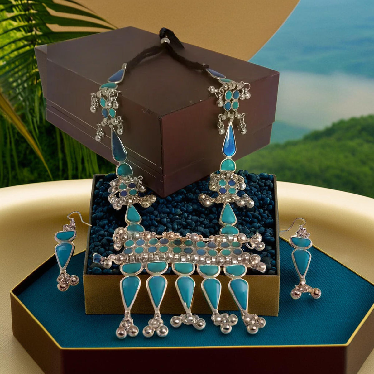 Geometric Stones Silver Oxidized Ranihaar | Traditional Jewelry for Girls & Women.