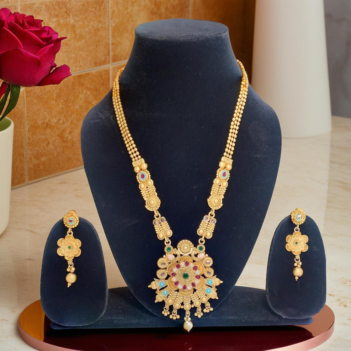 Lotus Floral Pendant Gold-Plated Ranihaar | Traditional Jewelry for Girls and Women