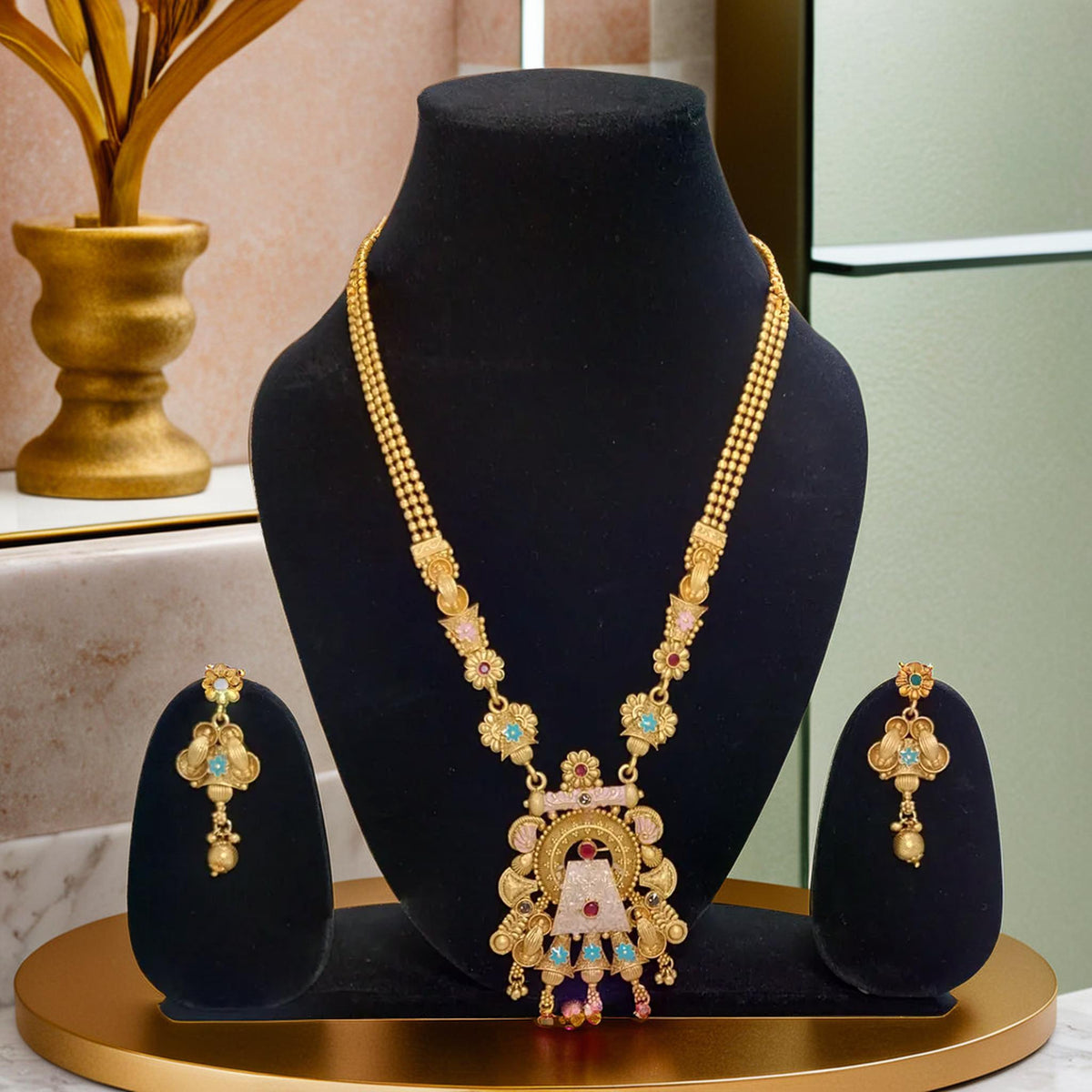 Gold-plated Ranihaar with  Wheel in Trapezium Designs | Traditional Necklace/Ranihaar | for Girls and Women