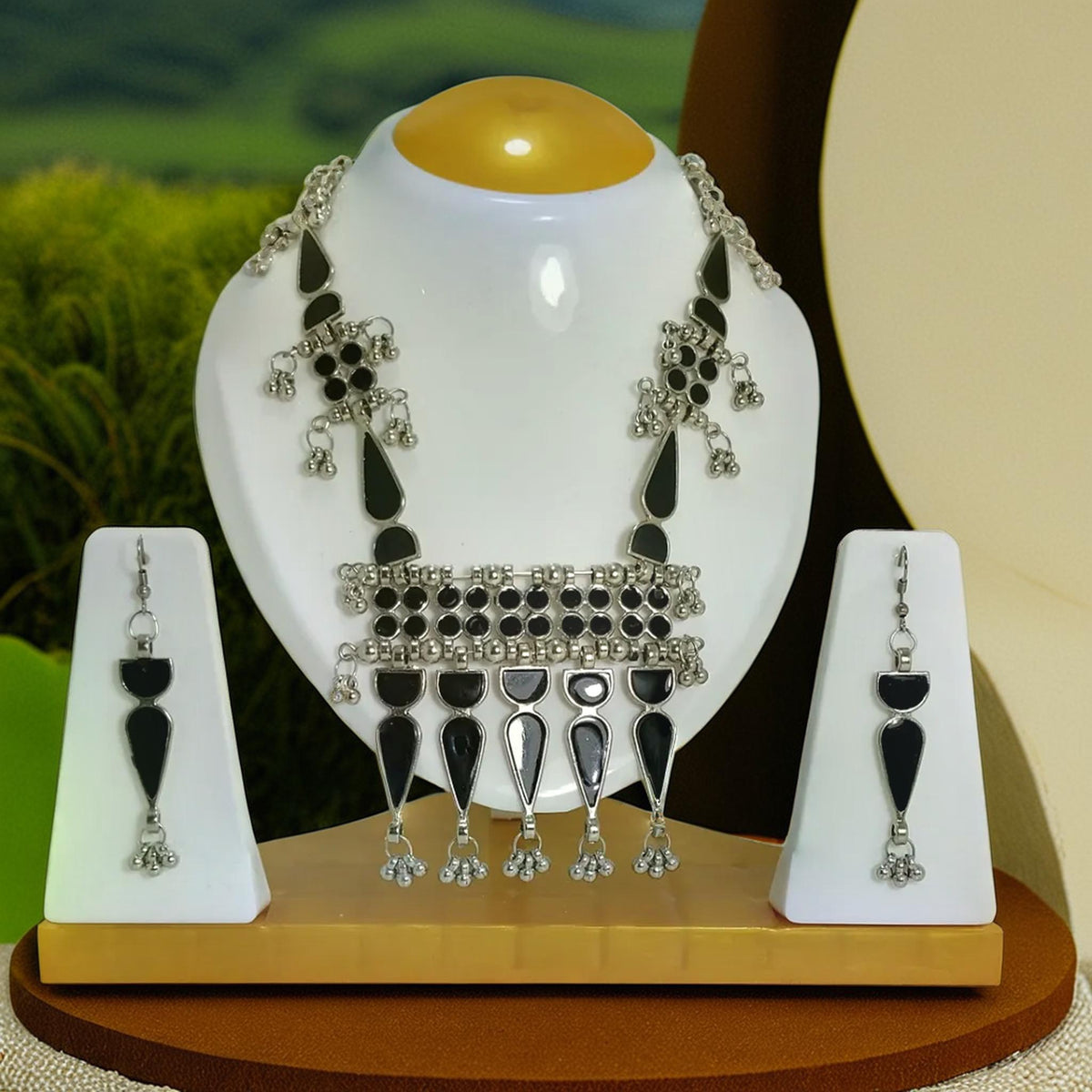 Geometric Stones Silver Oxidized Ranihaar | Traditional Jewelry for Girls & Women.