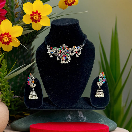 Multicolor Silver Oxidize Choker Set with Peacock Pendant | Traditional Necklace/Pendant | for Girls and Women.