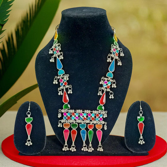 Geometric Stones Silver Oxidized Ranihaar | Traditional Jewelry for Girls & Women.