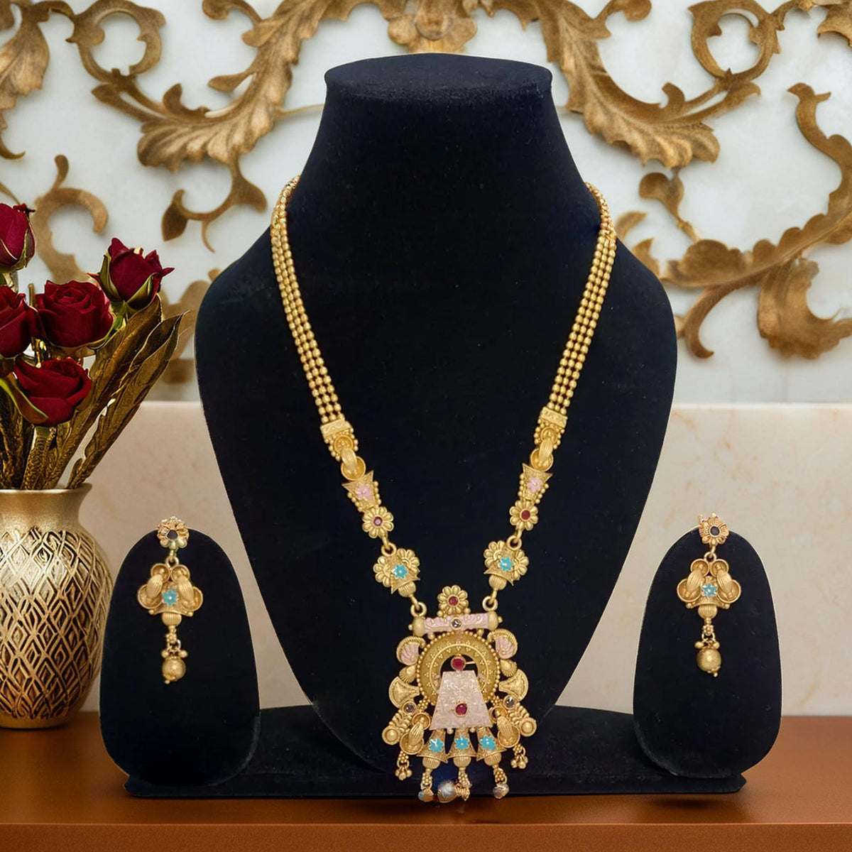 Gold-plated Ranihaar with  Wheel in Trapezium Designs | Traditional Necklace/Ranihaar | for Girls and Women