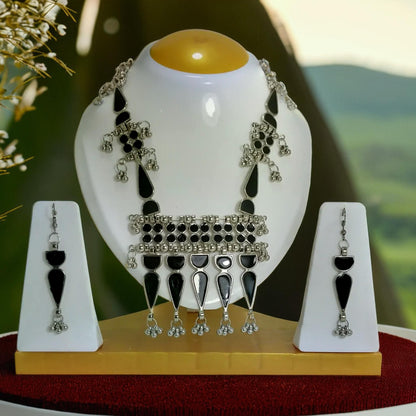 Geometric Stones Silver Oxidized Ranihaar | Traditional Jewelry for Girls & Women.