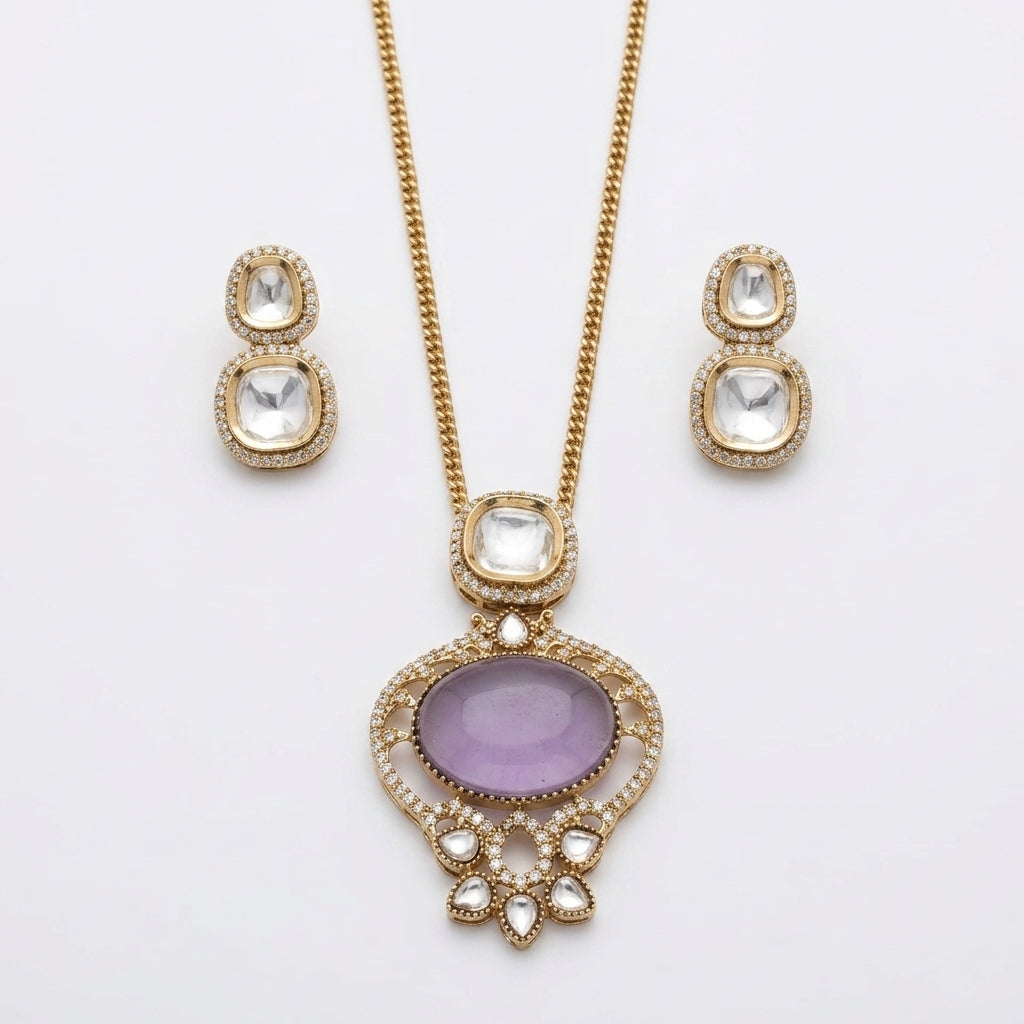 Purple Stone Gold Plated Pendant Necklace Set with Earrings for Women