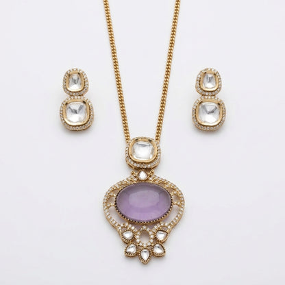 Purple Stone Gold Plated Pendant Necklace Set with Earrings for Women