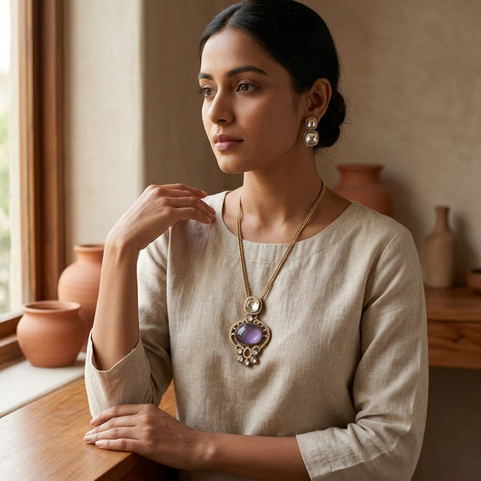 Purple Stone Gold Plated Pendant Necklace Set with Earrings for Women