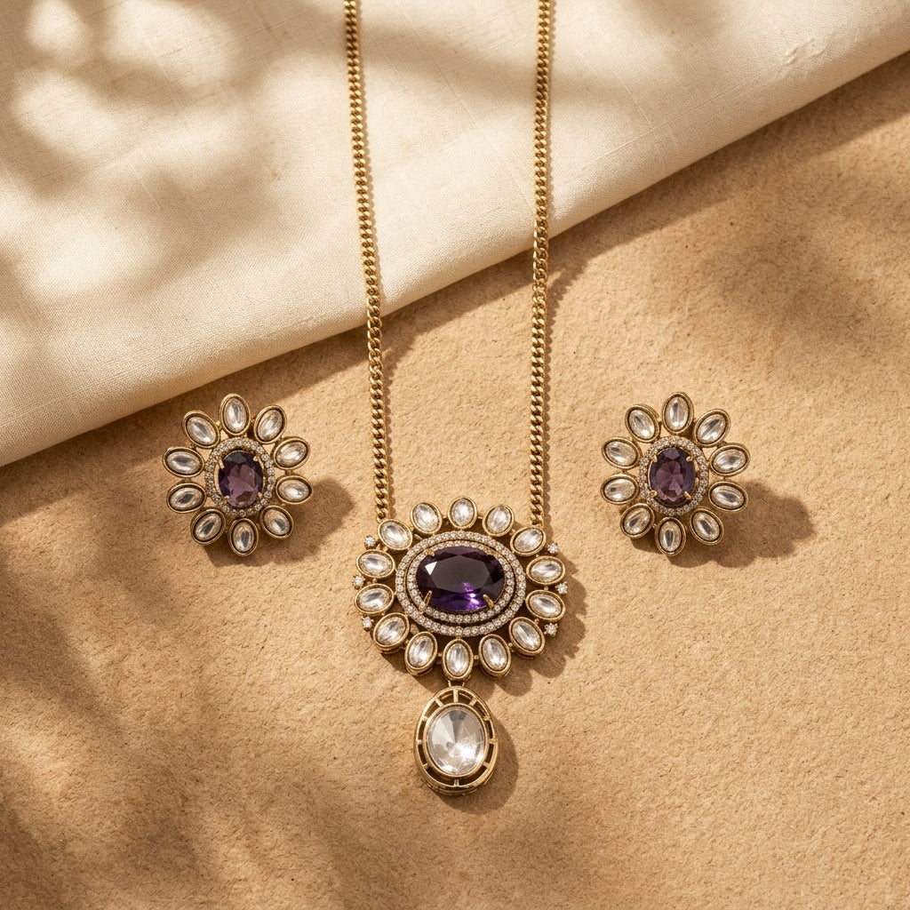 Purple Stone Gold Plated Pendant Necklace Set with Stud Earrings for Women