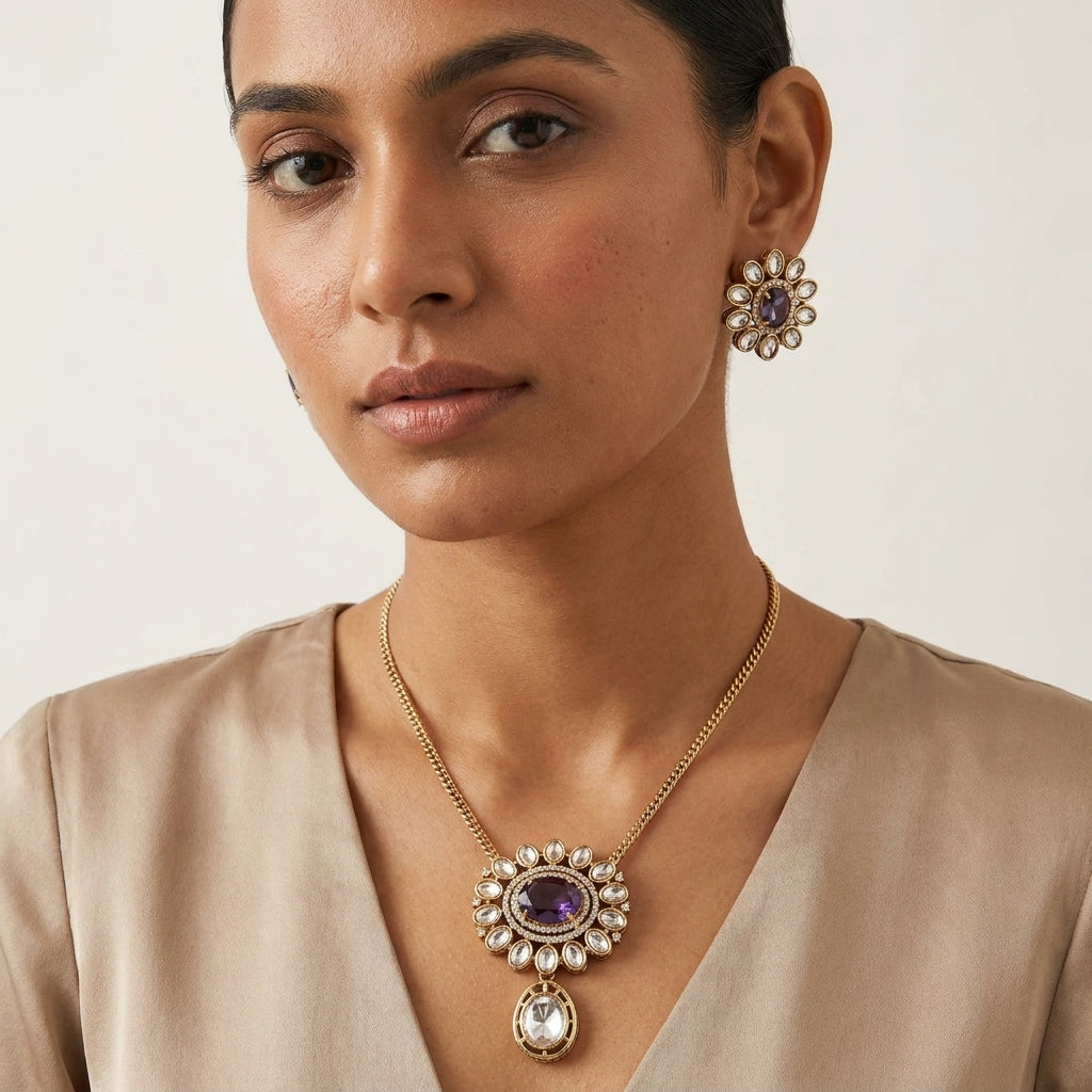 Purple Stone Gold Plated Pendant Necklace Set with Stud Earrings for Women