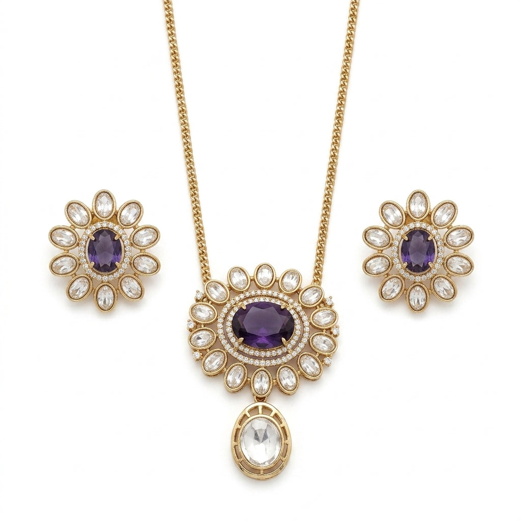 Purple Stone Gold Plated Pendant Necklace Set with Stud Earrings for Women