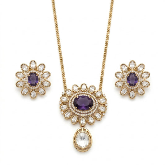 Purple Stone Gold Plated Pendant Necklace Set with Stud Earrings for Women