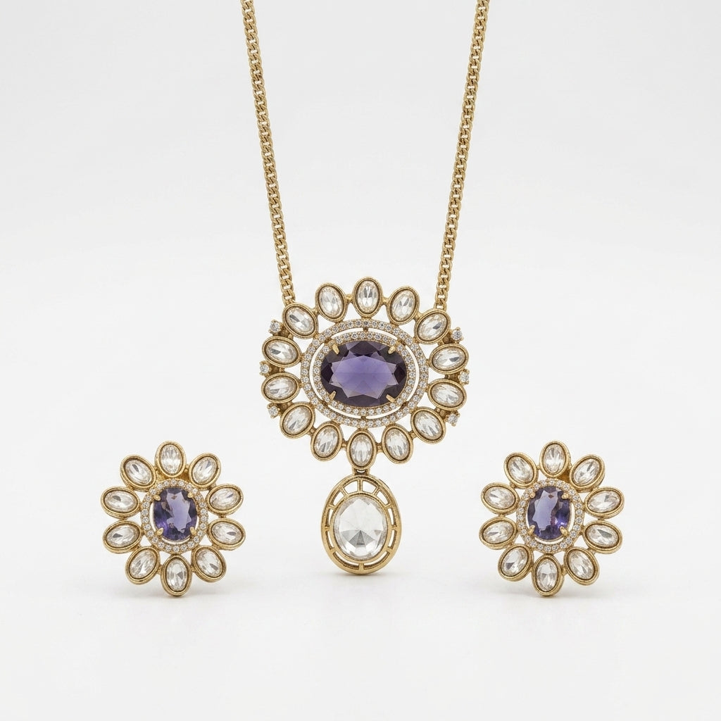 Purple Stone Gold Plated Pendant Necklace Set with Stud Earrings for Women