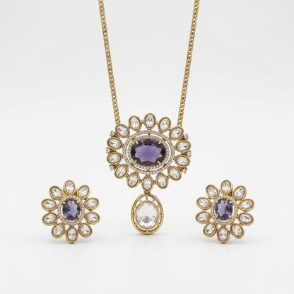 Purple Stone Gold Plated Pendant Necklace Set with Stud Earrings for Women