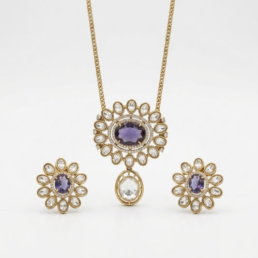 Purple Stone Gold Plated Pendant Necklace Set with Stud Earrings for Women