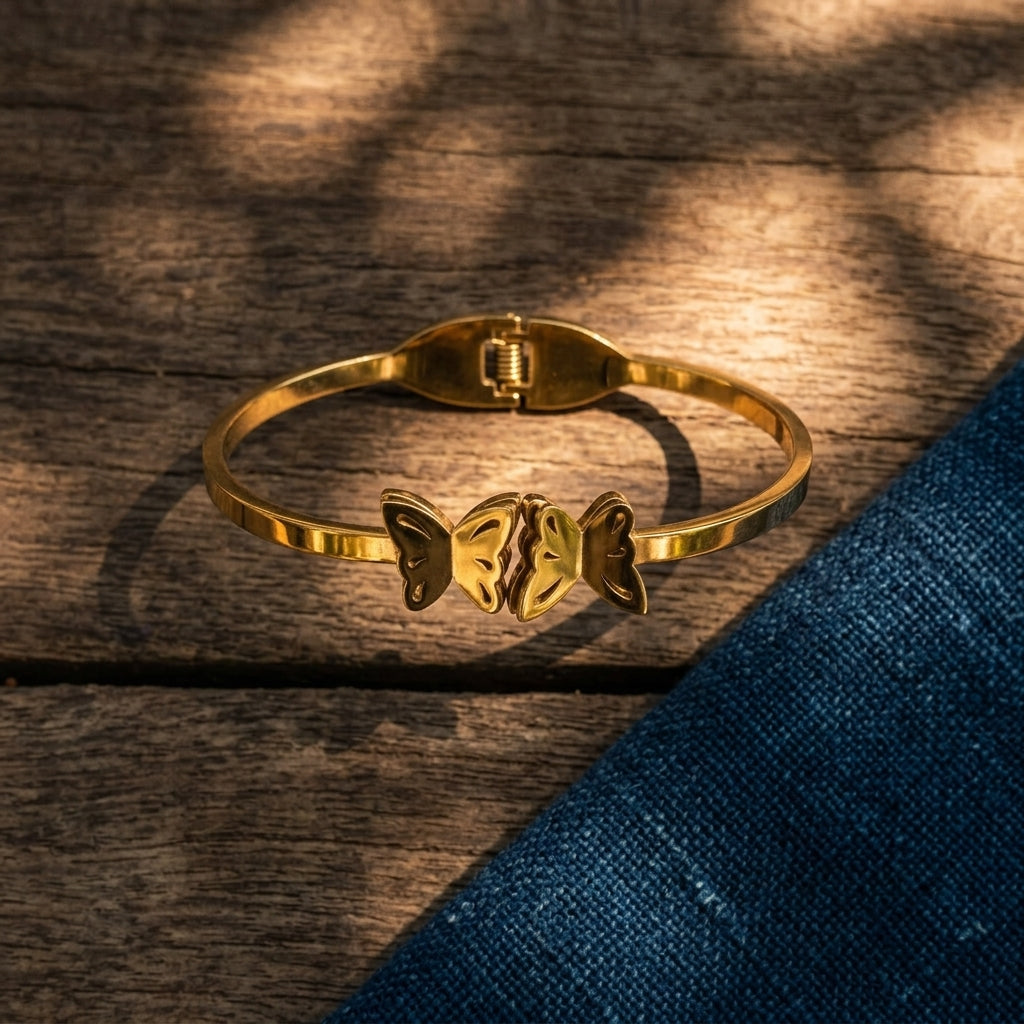 Gold Tone Anti-Tarnish Double Butterflies Openable Bracelet (Free Size)