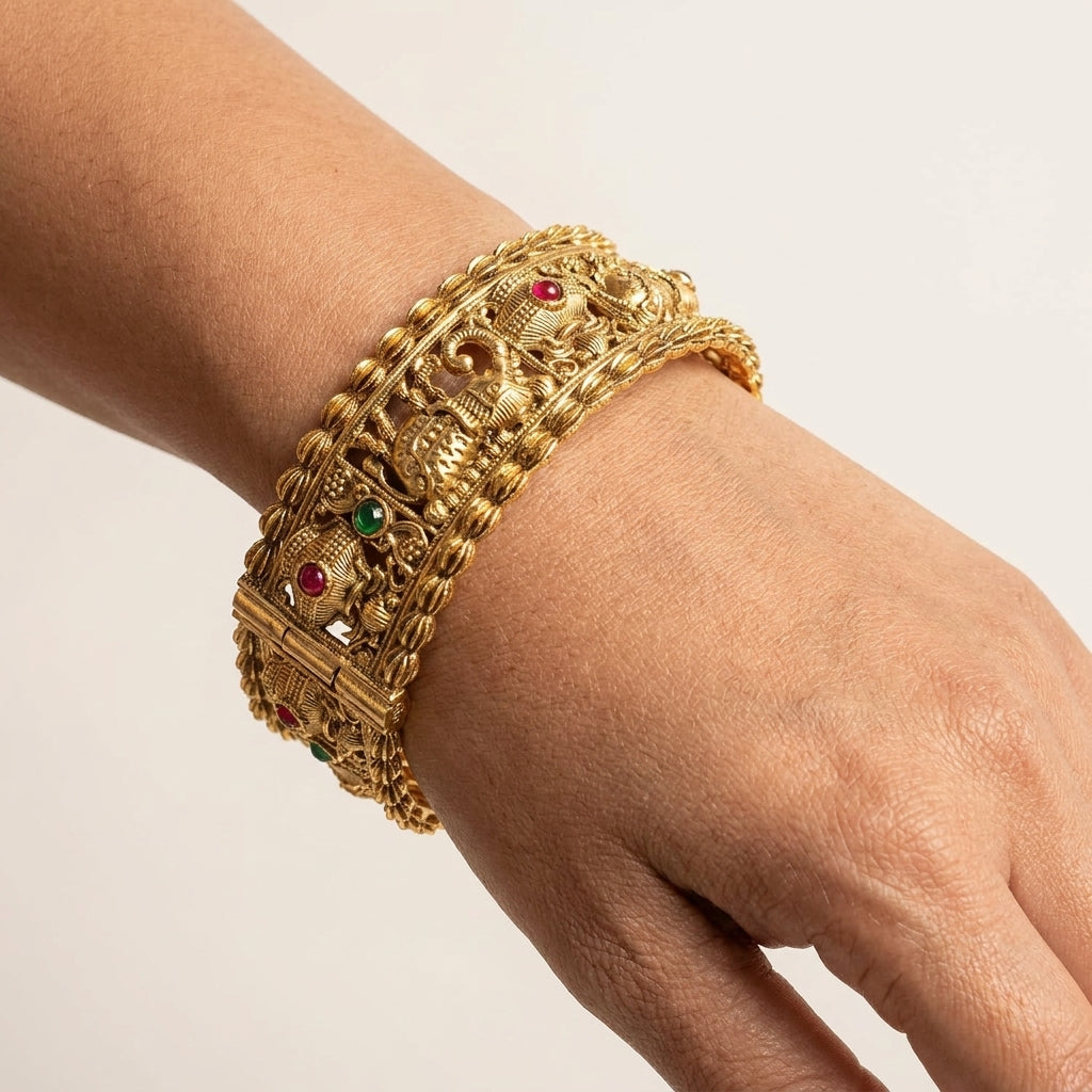 Antique Royal Elephant Openable Kada Bangles Set Of 2  (Free Size)
