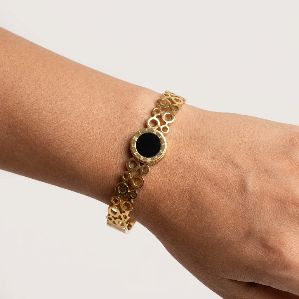 Gold Plated Elegant Open Cuff With Round Charm Anti-Tarnish Bracelet  (Free Size)