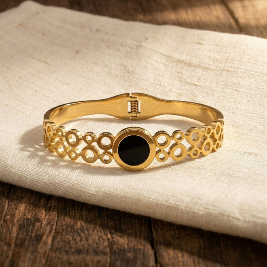 Gold Plated Elegant Open Cuff With Round Charm Anti-Tarnish Bracelet  (Free Size)