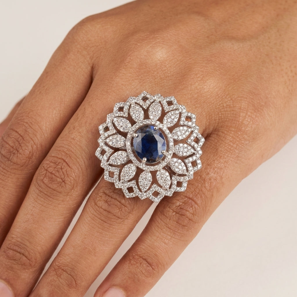 PLATINUM FINISH DIAMOND REPLICA ADJUSTABLE COCKTAIL RING FOR WOMEN