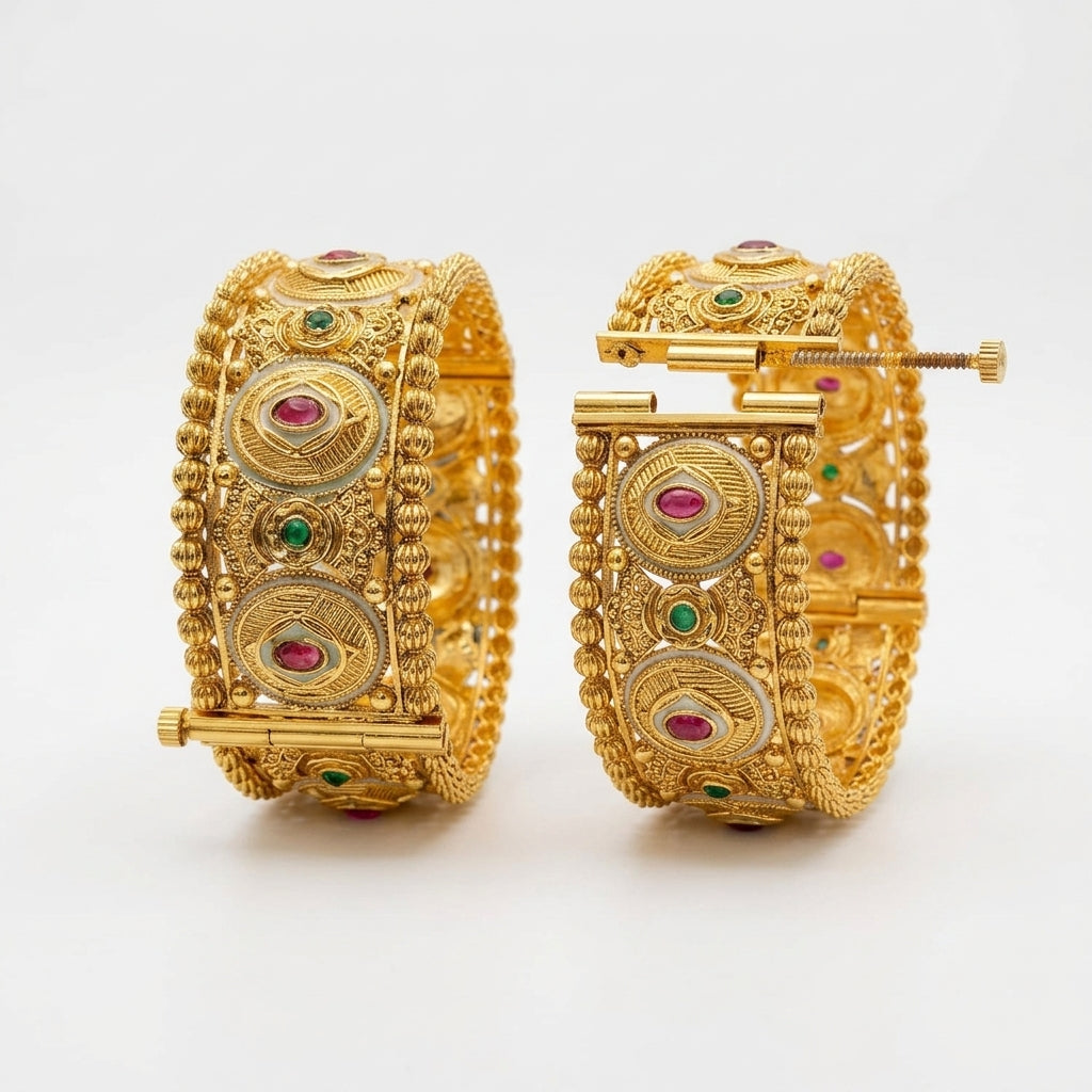 Antique Design Gold Plated Rajwadi Openable Kada Set Of 2 (Free Size)