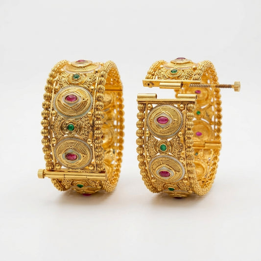 Antique Design Gold Plated Rajwadi Openable Kada Set Of 2 (Free Size)