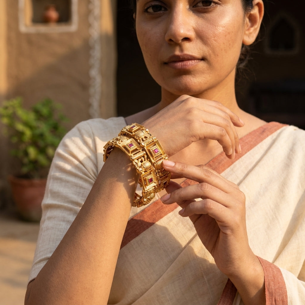 Gold Plated Elephant Design Kadas for Women (Set of 2)