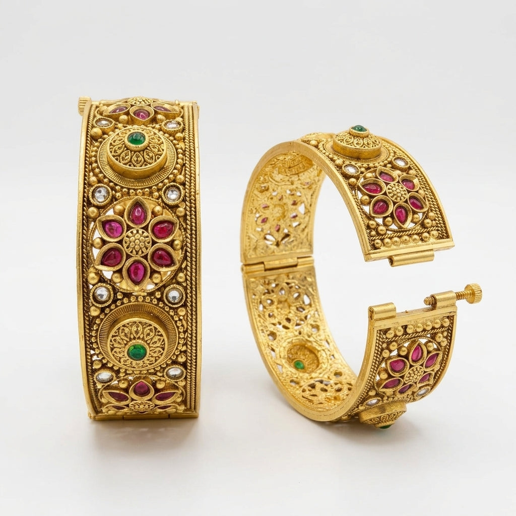 Gold Plated Rajwadi Kundan Openable Kada Bangles Set Of 2  (Free Size)