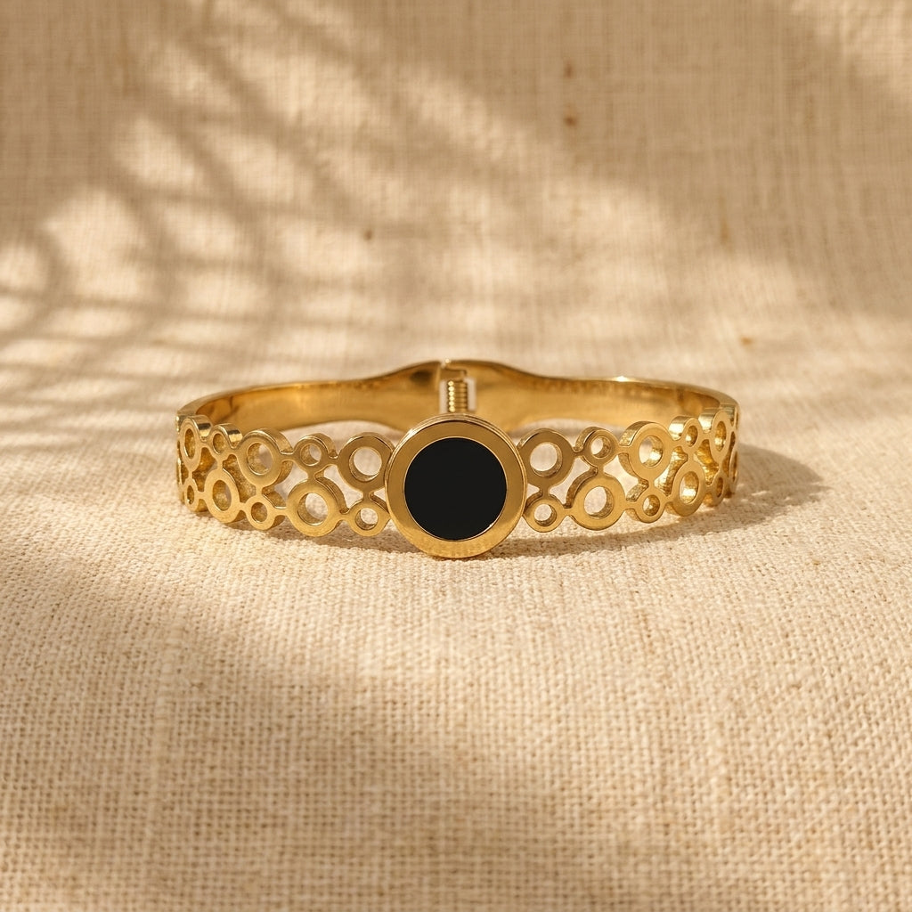 Gold Plated Elegant Open Cuff With Round Charm Anti-Tarnish Bracelet  (Free Size)