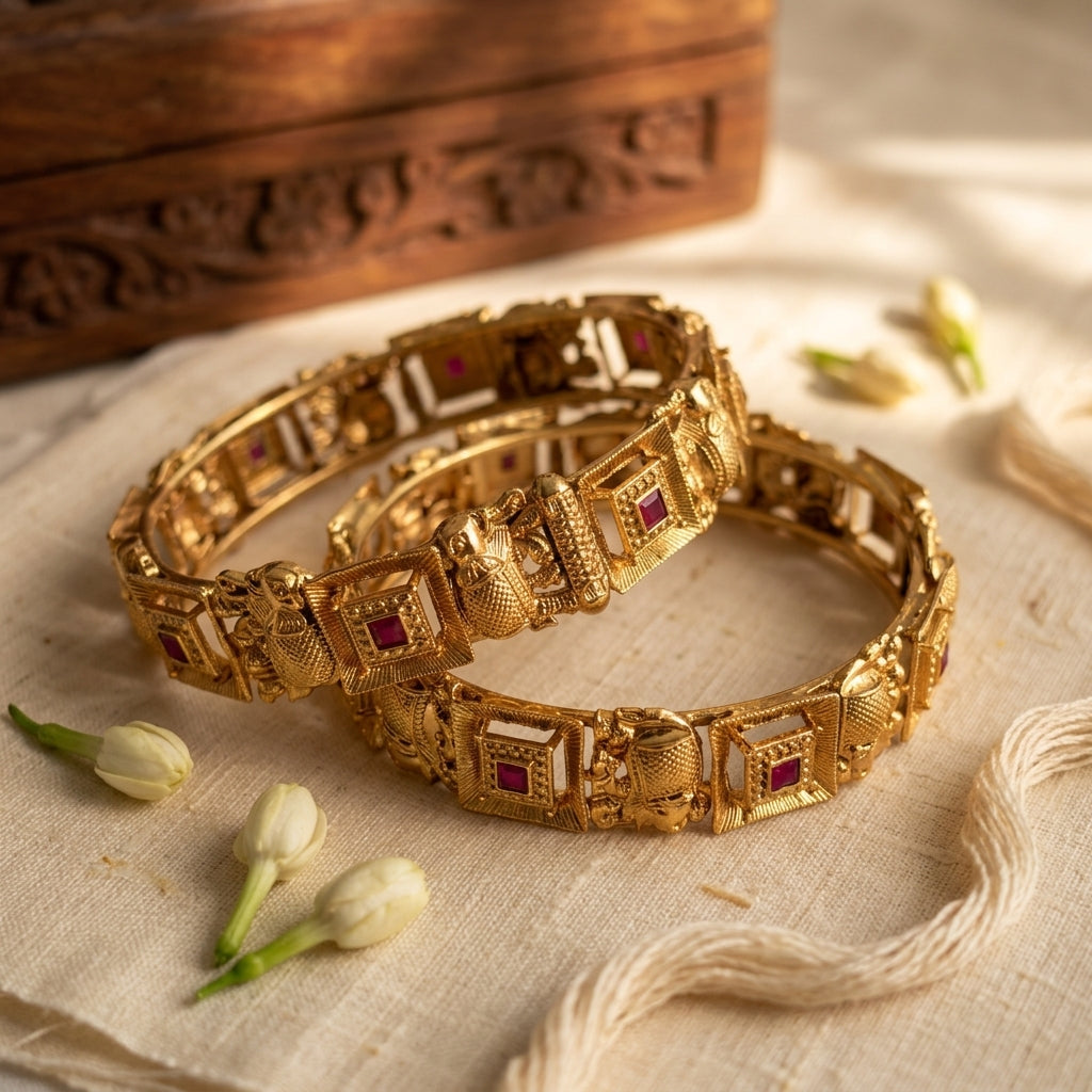 Gold Plated Elephant Design Kadas for Women (Set of 2)