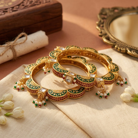 Karatcart Antique Gold-Plated Temple Bangles for Women - Set of 2
