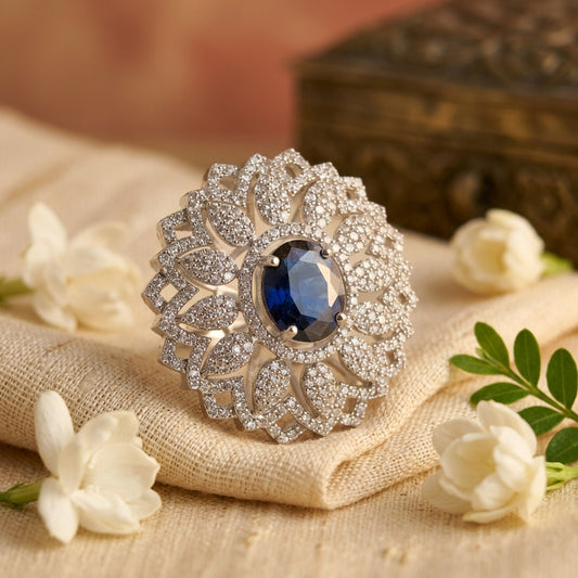 PLATINUM FINISH DIAMOND REPLICA ADJUSTABLE COCKTAIL RING FOR WOMEN