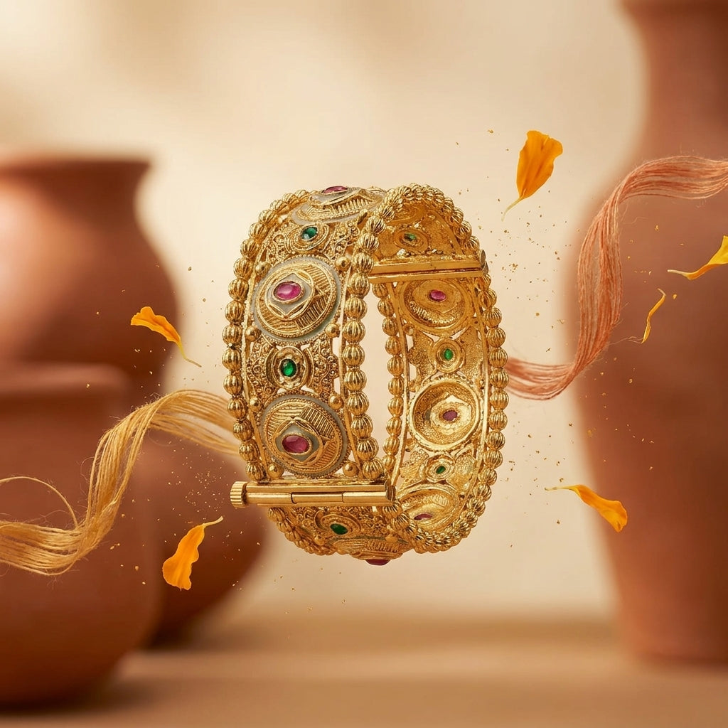 Antique Design Gold Plated Rajwadi Openable Kada Set Of 2 (Free Size)