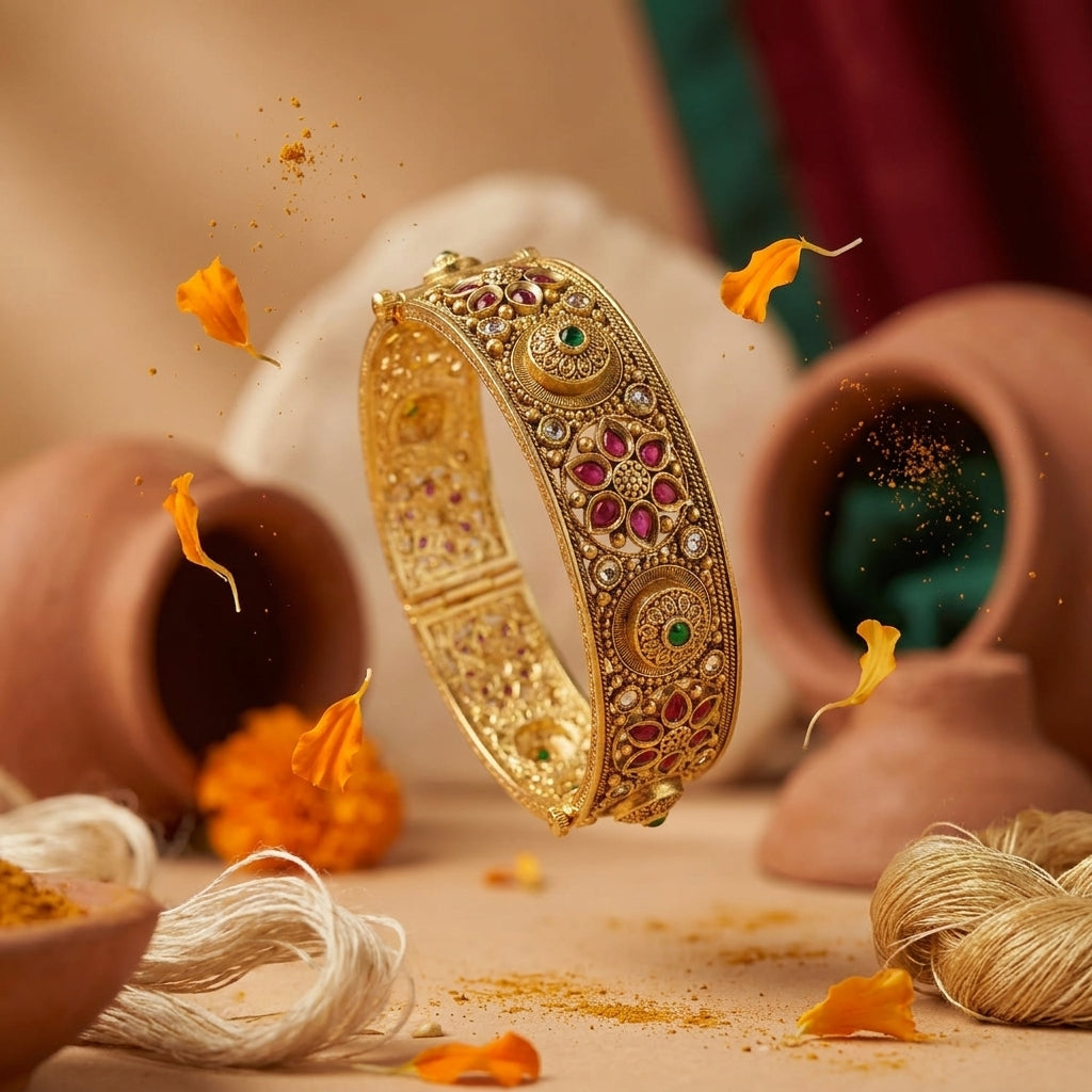 Gold Plated Rajwadi Kundan Openable Kada Bangles Set Of 2  (Free Size)