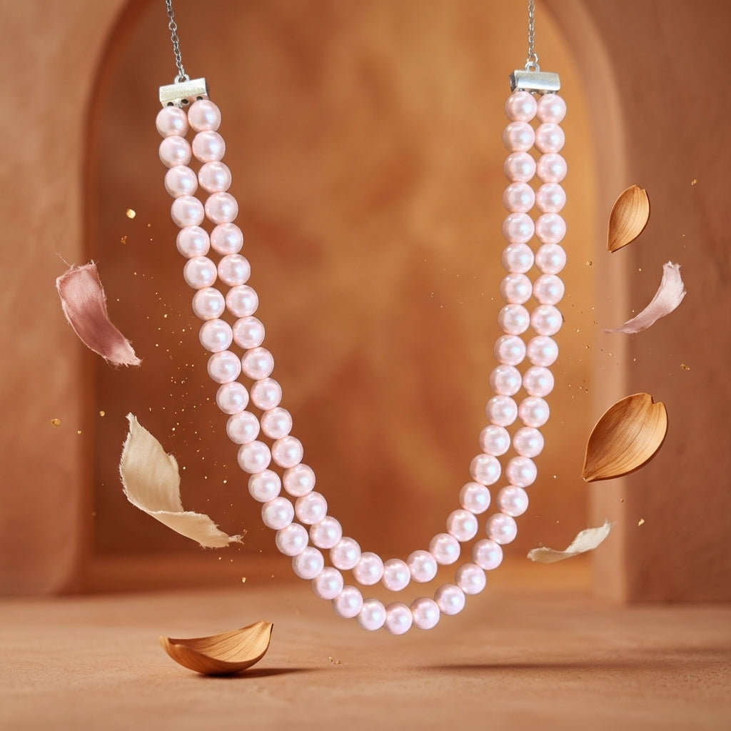 2 Layered Shell Pearl Baby Pink & Lemon Yellow  Colour Necklace