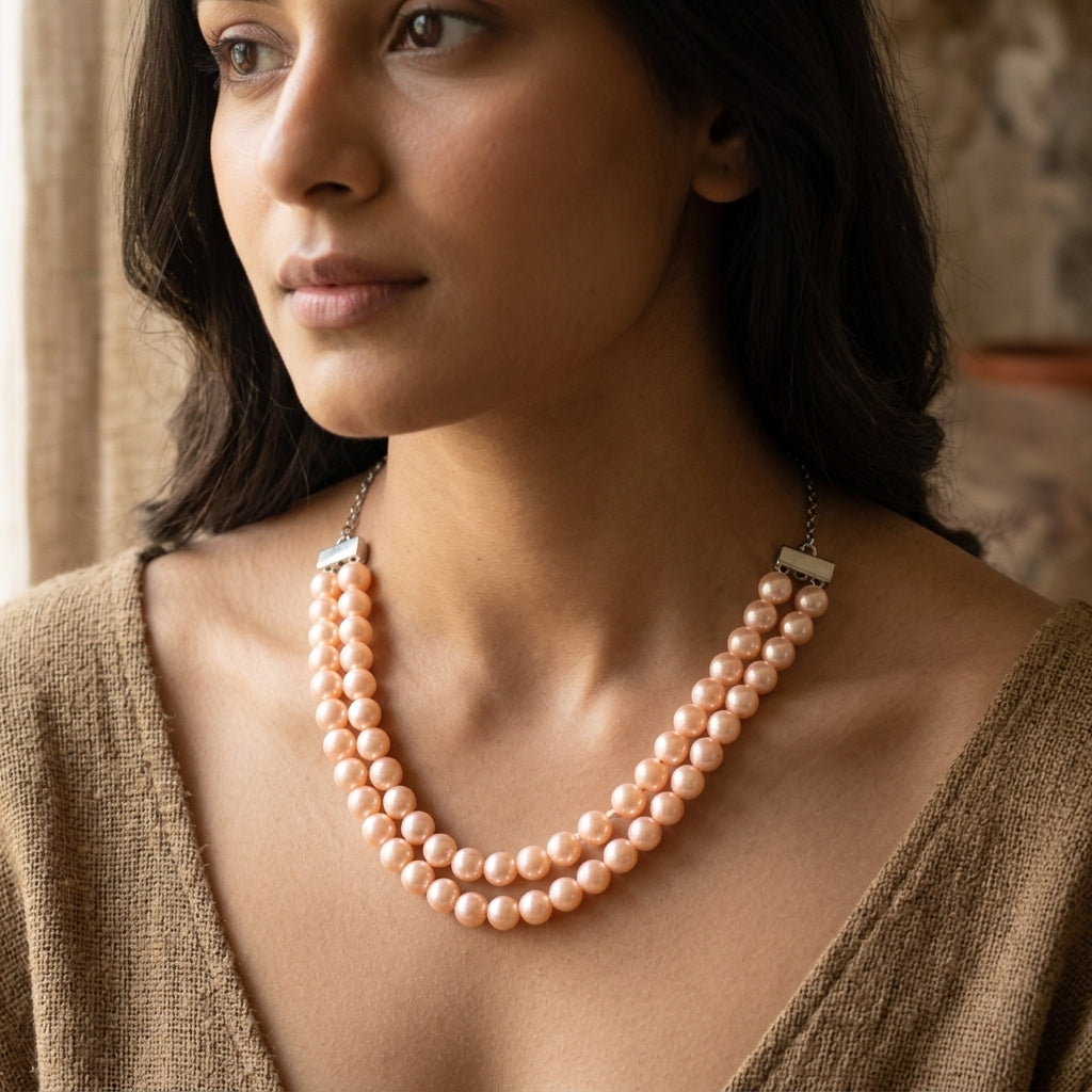2 Layered Shell Pearl Baby Pink & Lemon Yellow  Colour Necklace