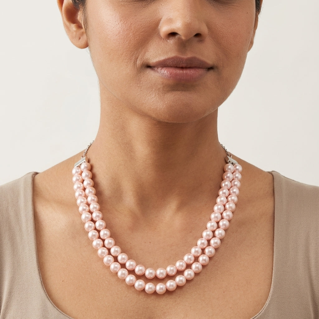 2 Layered Shell Pearl Baby Pink & Lemon Yellow  Colour Necklace