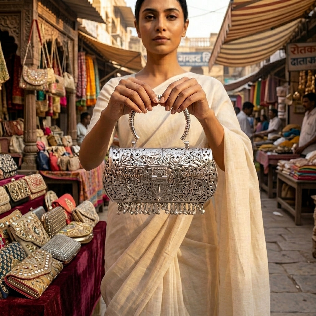 Regal Meenakari Clutch | Silver-Plated/ Gold-Plated Brass Clutch Bag For Women And Girls