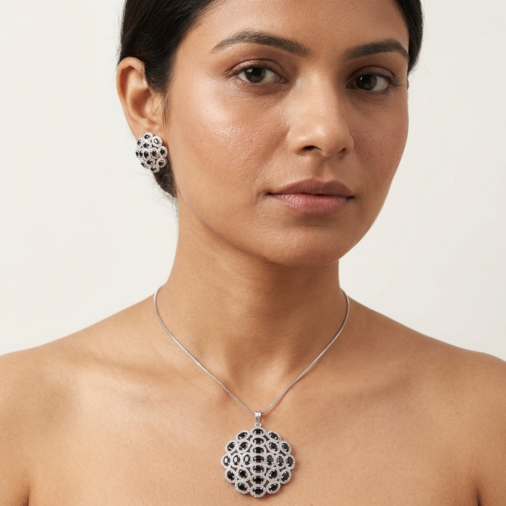 Diamond Pendant Set, Cz Pendant With Chain And Earrings Replica American Diamond Set