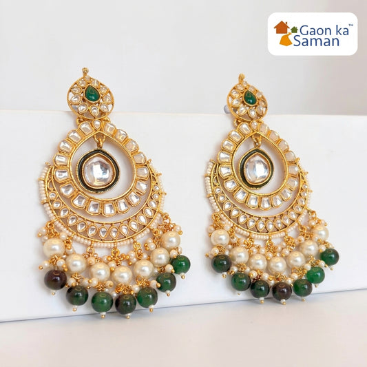 Beautiful Kundan Chand Bali Earrings Maroon colour & Green Colour