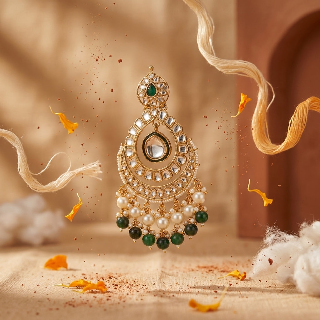 Beautiful Kundan Chand Bali Earrings Maroon colour & Green Colour