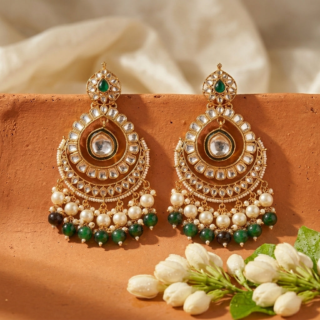 Beautiful Kundan Chand Bali Earrings Maroon colour & Green Colour