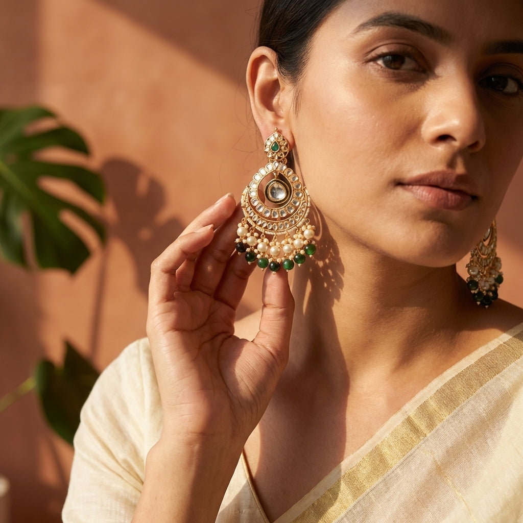 Beautiful Kundan Chand Bali Earrings Maroon colour & Green Colour