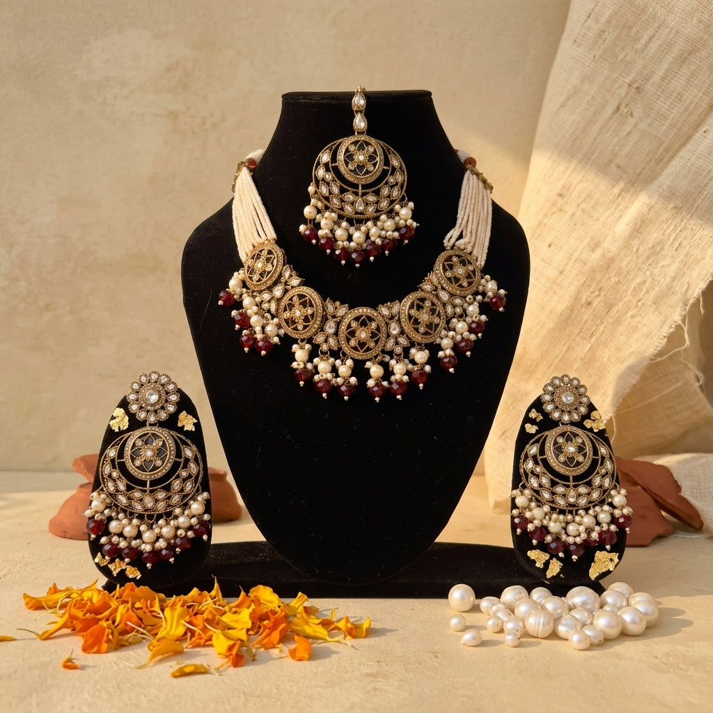 Stone Studded Brass Heavy Necklace Set With Earrings And Mangtika