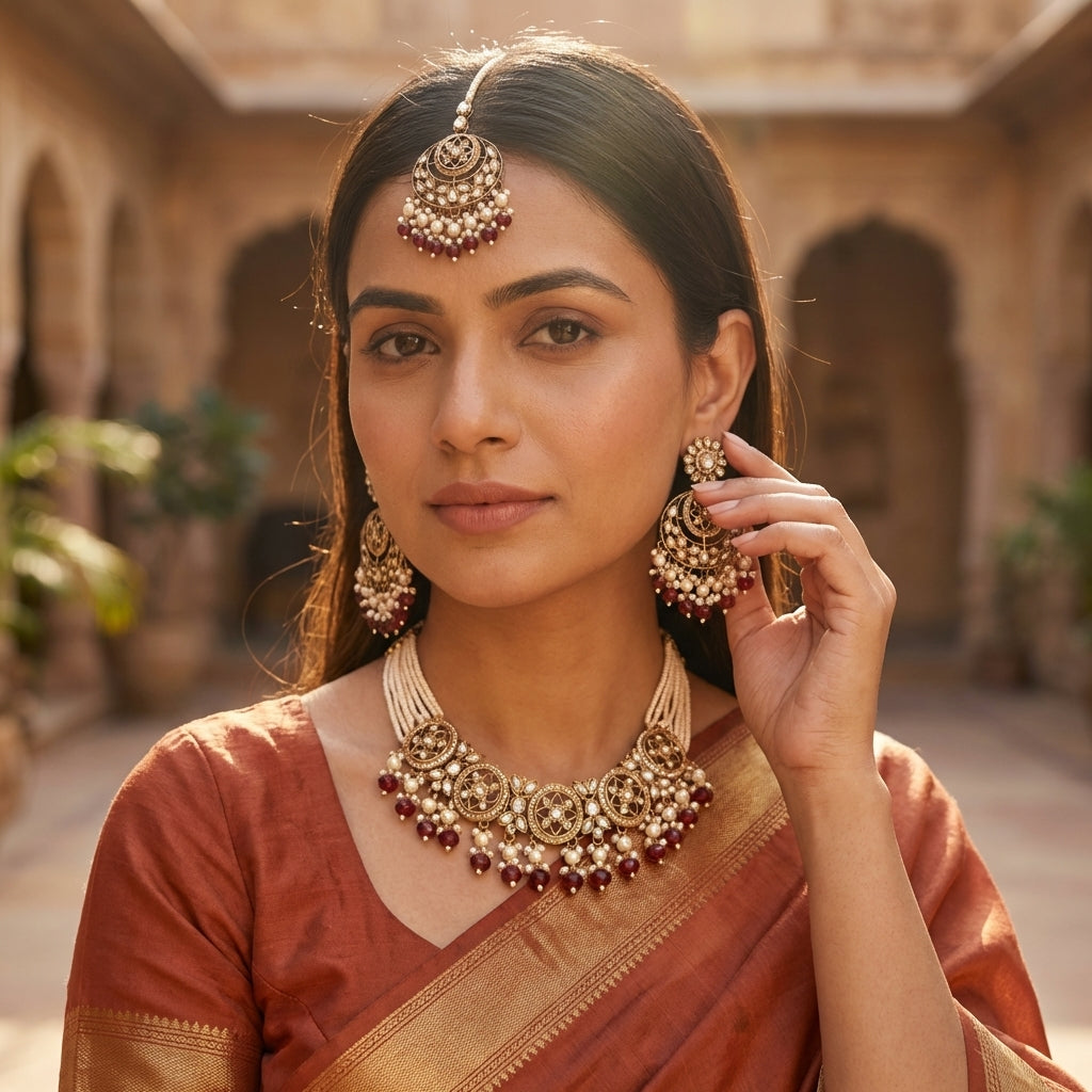 Stone Studded Brass Heavy Necklace Set With Earrings And Mangtika