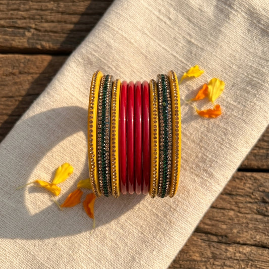 Karva Chauth Special Rajasthani Lac Bangles Set, Red Green and Yellow Colour with Crystal Work, Traditional Lakh Chuda, 20 Pieces