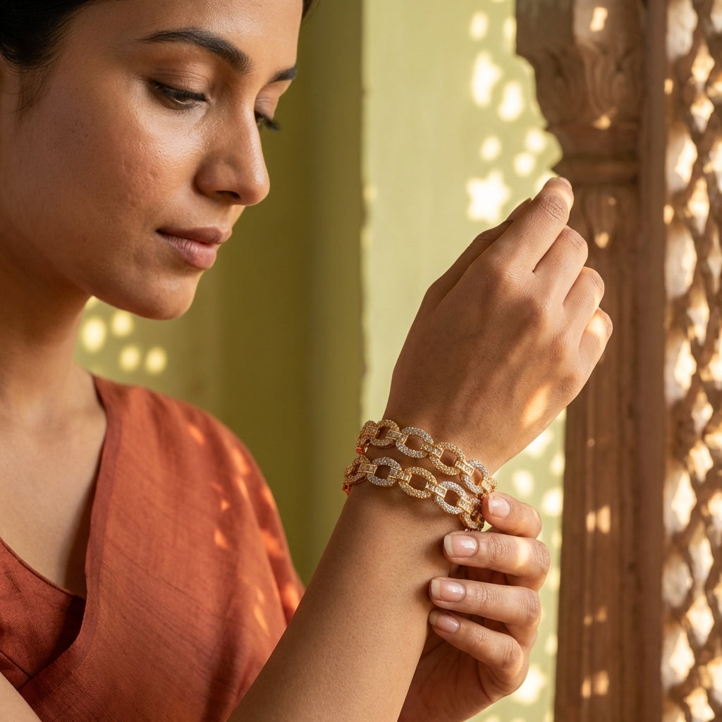Gold Plated Cuff Shaped Studded Design Bangle (Pack of 2)
