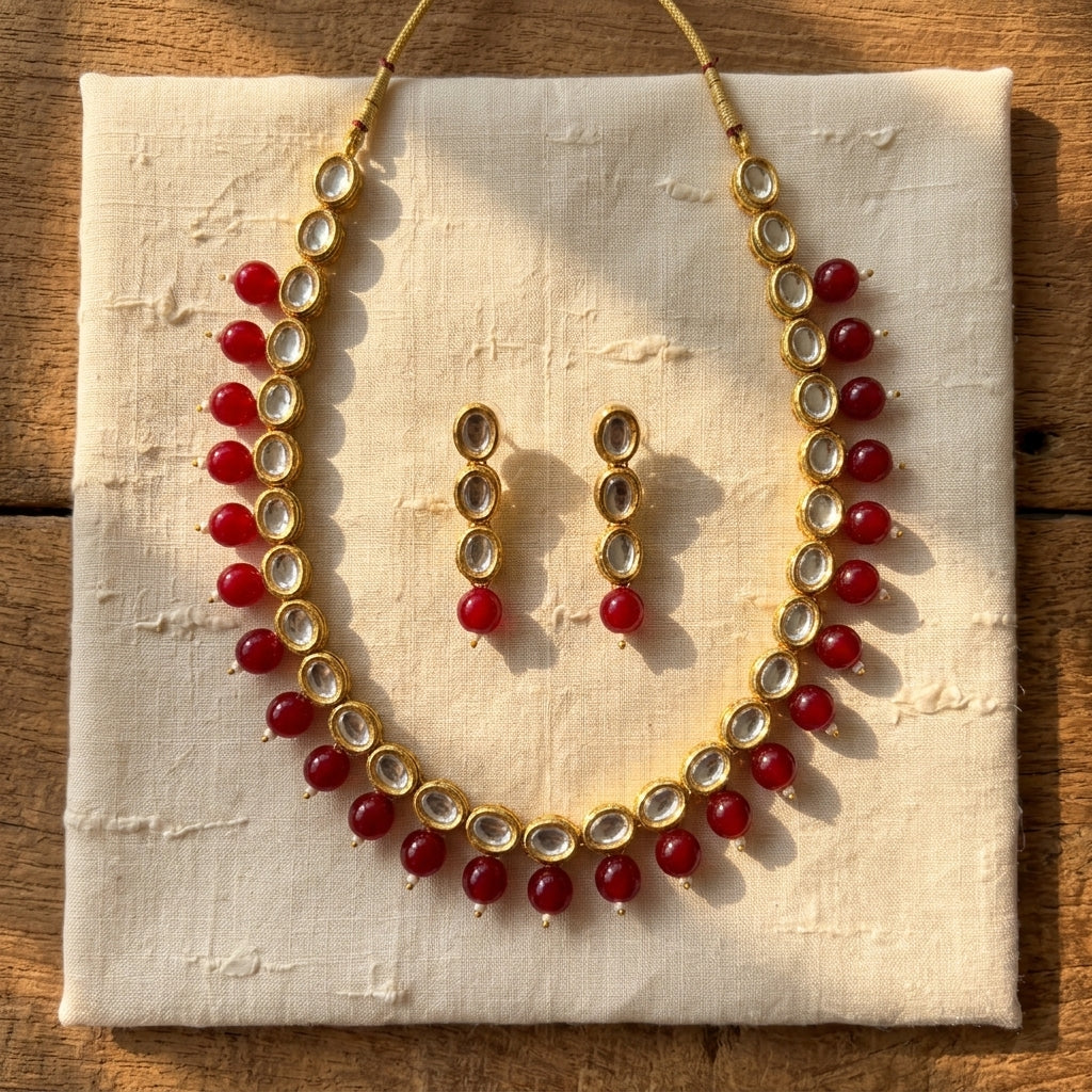 Beautiful Gold Plated Kundan And Ruby Necklace With Earrings