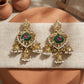Gold Plated Green & Red Onyx & Kundan Studded With Pearl Beads Jhumka Earring