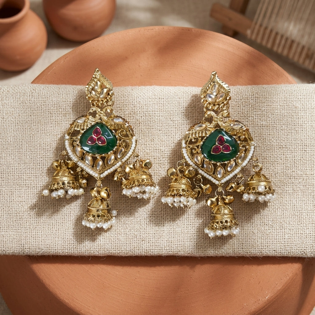 Gold Plated Green & Red Onyx & Kundan Studded With Pearl Beads Jhumka Earring